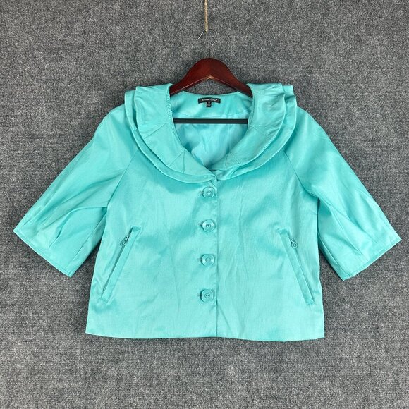 Samuel Dong Top Womens Medium Blue Button Up Peter Pan Collar 3/4 Sleeve Pockets - Picture 1 of 6